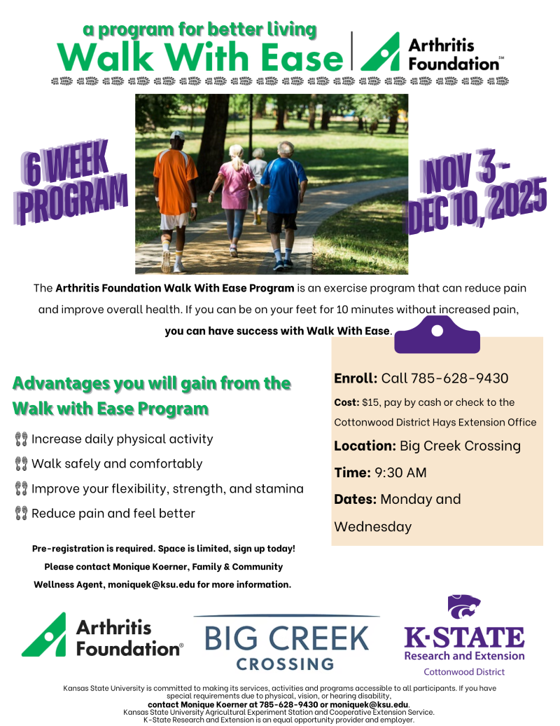 Flyer announcing walk with ease program starting November 3, 2025 at Hays Big Creek Crossing